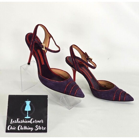 Giorgio Armani Women's Purple/Red Suede Stiletto Heels Ankle Strap Sz 7 US 101 - Picture 4 of 16